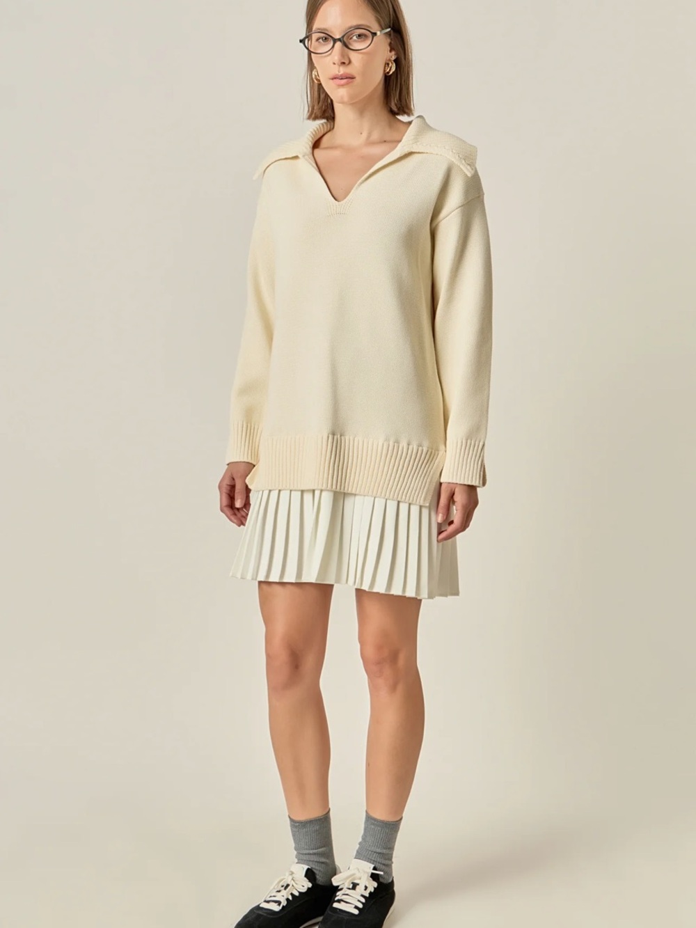 New! English Factory Cream V-Neck Mini Layered Sweater Dress size M